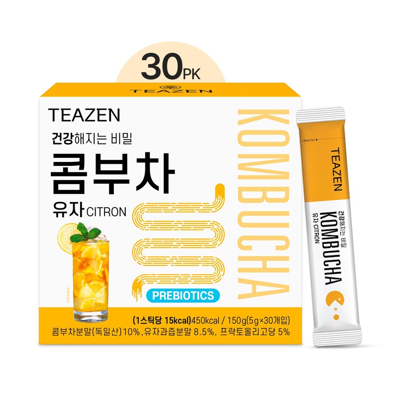 Teazen Citron Kombucha Tea, Hydration Drink Mix, Sugar Free, Live Probiotics & Prebiotics, 30 Sticks, 5.29Oz