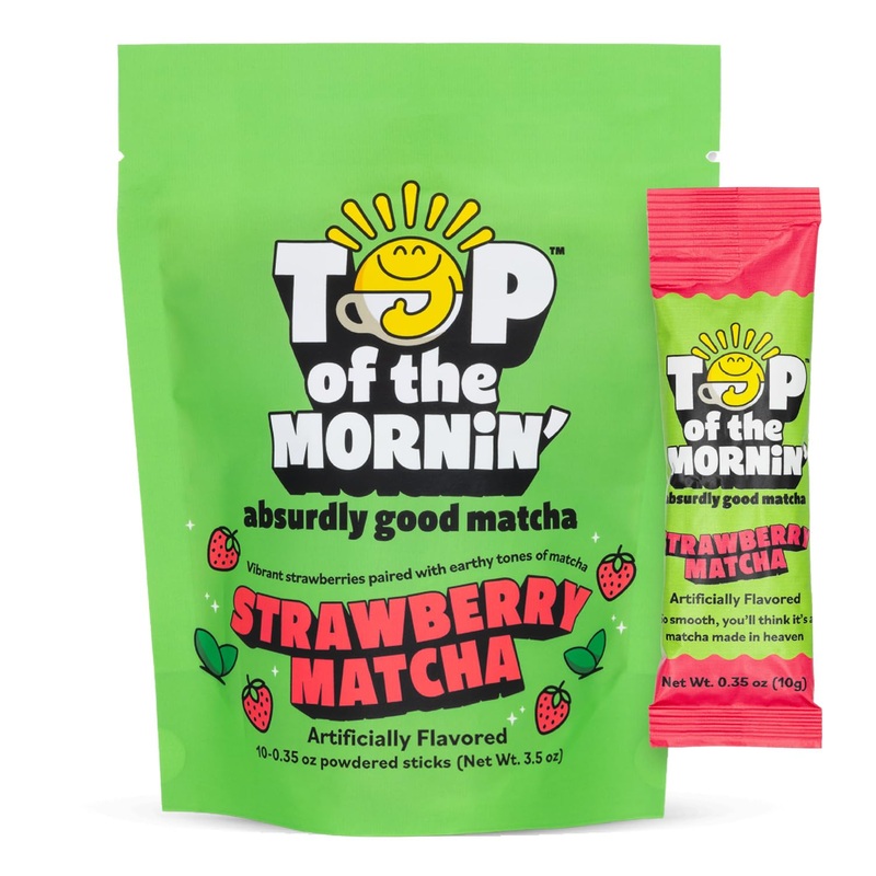Top Of The Mornin’ Green Tea Matcha Latte, 10 Individual Packets Of Flavored Matcha, Enjoy Hot Or Cold, Single Serve Mix (Strawb