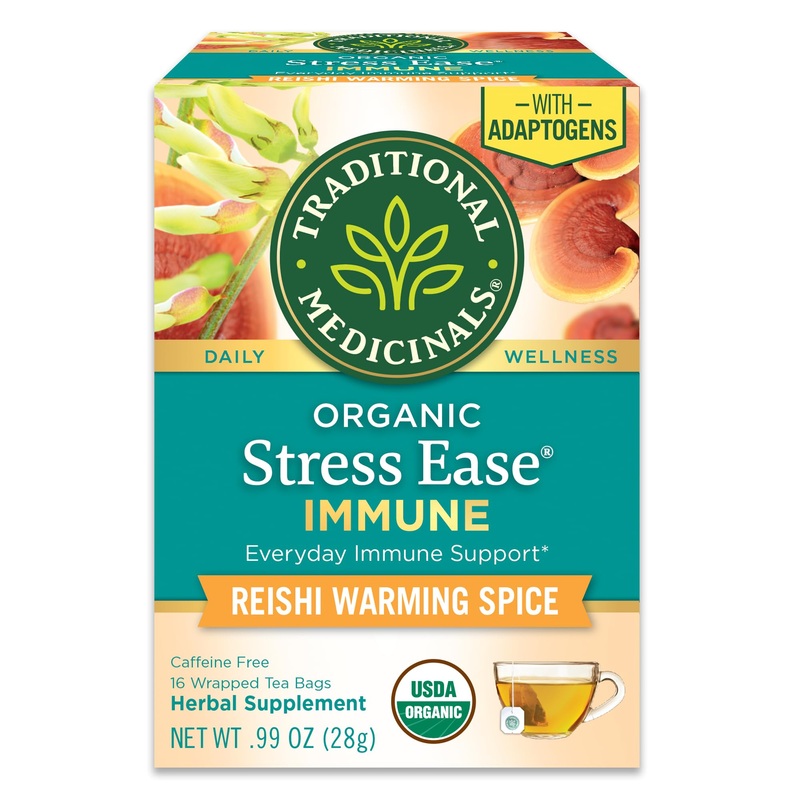 Traditional Medicinals Tea, Organic Stress Ease Immune With Adaptogens, Everyday Immune Support, Reishi Warming Spice, 16 Tea Ba