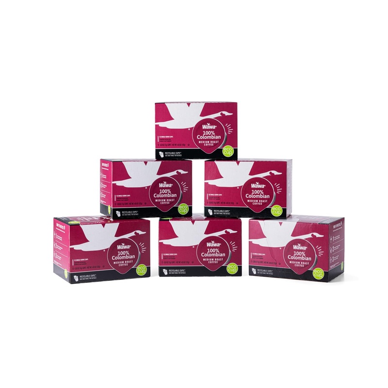 WAWA Colombian Medium Roast Coffee Pods, 72 Single Serve Pods in 6 Boxes, Chocolate & Fruit Notes, 100% Responsibly Sourced