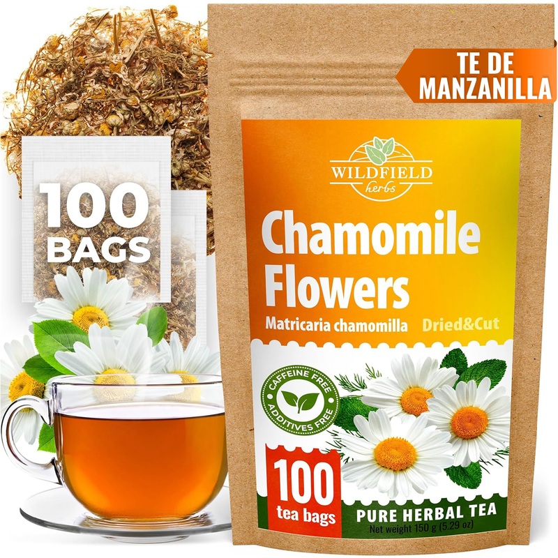 100 Bags Chamomile Tea Loose Leaf Dried Chamomile Flowers Manzanilla Tea (Matricaria Chamomilla) – 100 Count 1.5G Bags Flores De