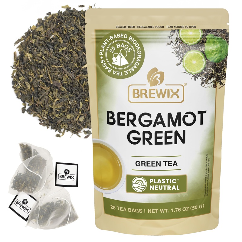 Brewix, Bergamot Green Tea (25 Pyramid Tea Bags) | Caffeinated Tea Loose Leaf Earl Grey Green Tea With Pure Bergamot | High Elev