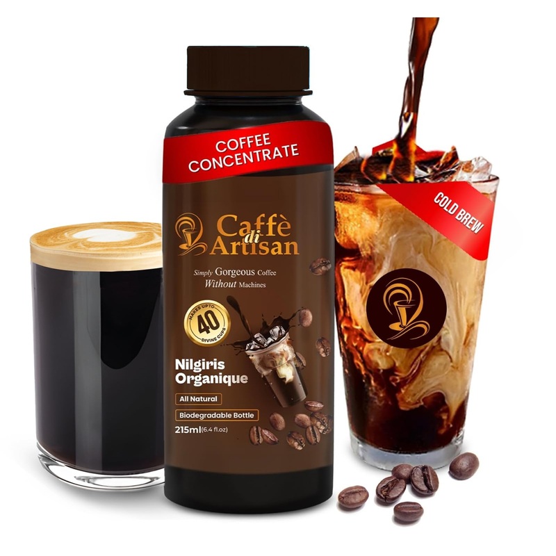 Caffe Di Artisan Liquid Coffee Bottle – Premium Cold Brew Concentrate, Iced & Hot Coffee – Eco-Friendly. Rich; Nilgiris Organiqu