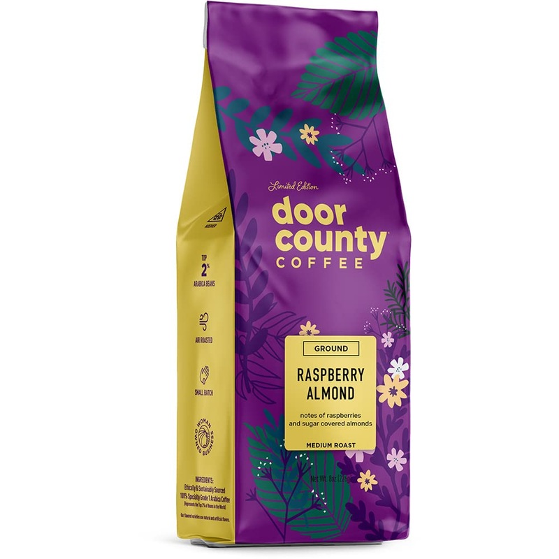 Door County Coffee Raspberry Almond, Flavored Coffee Ground | 8 Oz Bag | Spring-Summer Seasonal | Medium Roast | 100% Specialty