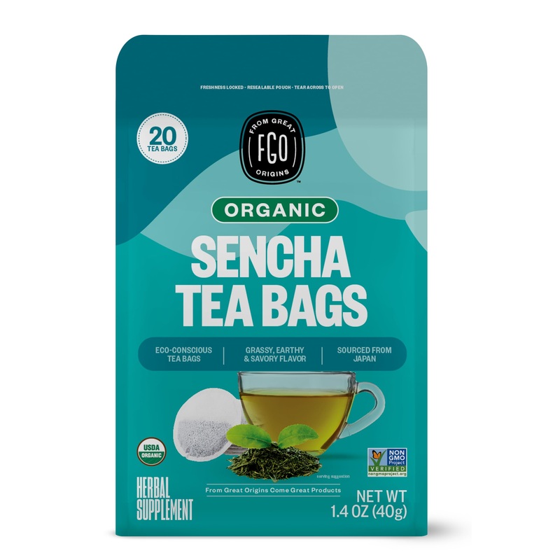 Fgo Organic Japanese Sencha Green Tea, 20 Count, Eco-Conscious Tea Bags, Resealable Bag, Packaging May Vary (Pack Of 1)