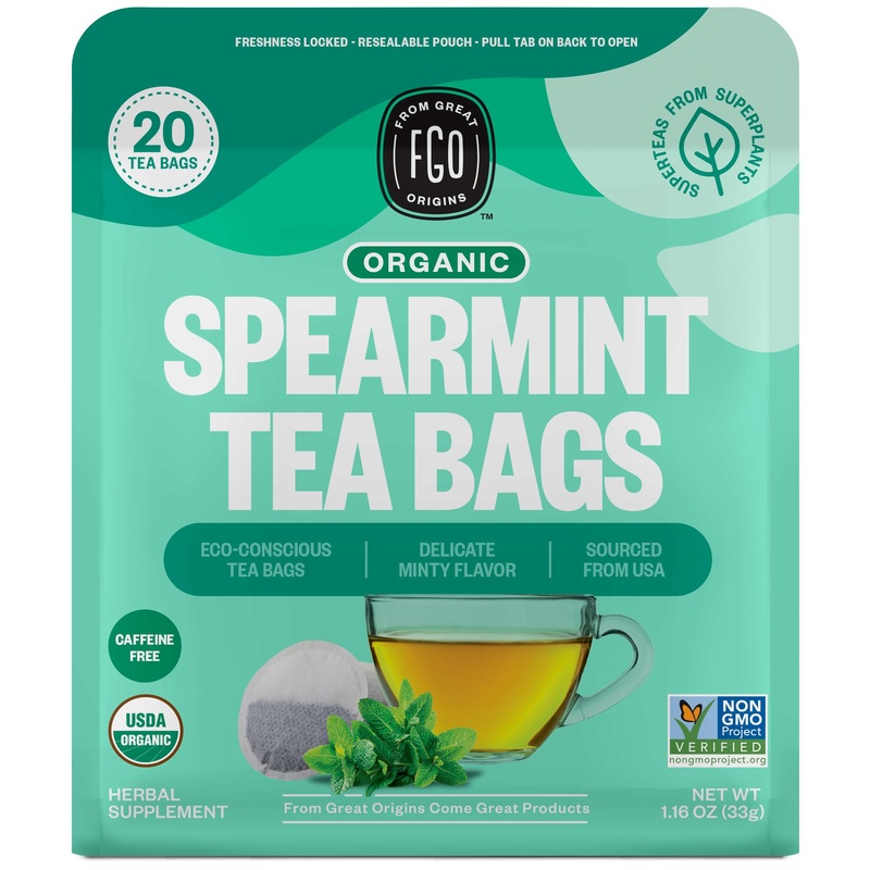 Fgo Organic Spearmint Leaf Herbal Tea, 20 Count, Eco-Conscious Tea Bags, Caffine Free, Resealable Bag, Packaging May Vary (Pack