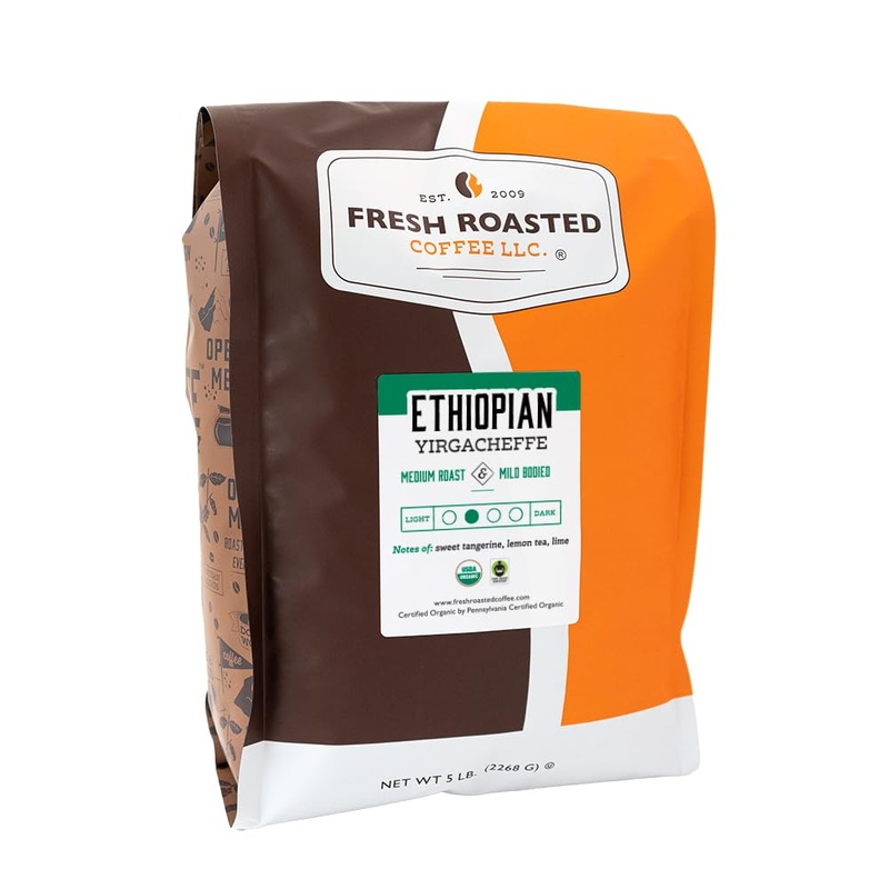 Fresh Roasted Coffee, Fair Trade Organic Ethiopian Yirgacheffe, 5 Lb (80 Oz), Medium Roast, Mold & Mycotoxin Tested, Ground