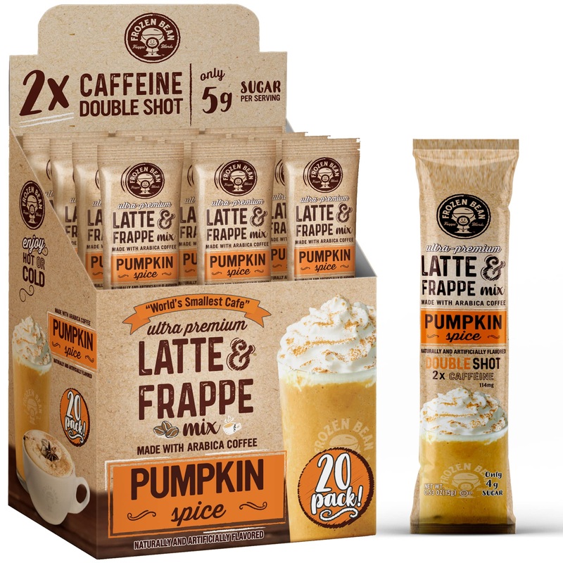 Frozen Bean Pumpkin Spice Frappe Latte Mix – 20 Low Sugar Single Serve Packets – Instant Coffee for Hot, Iced, or Blended Beverages