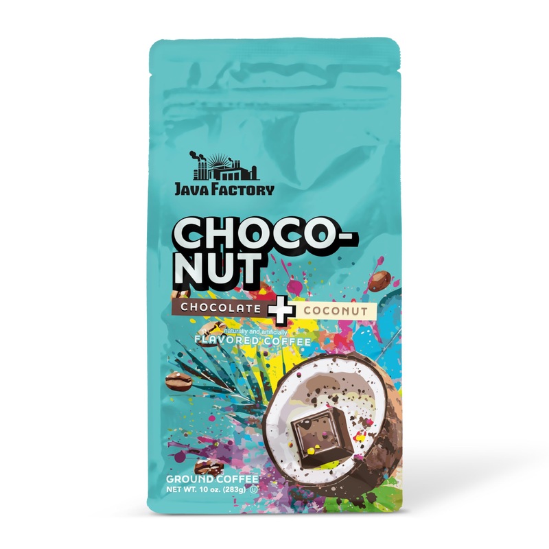 Java Factory Choconut Flavored Ground Coffee Bag – Chocolate And Coconut Brew, Made With 100% Arabica Beans – Flavor Enhanced, 1
