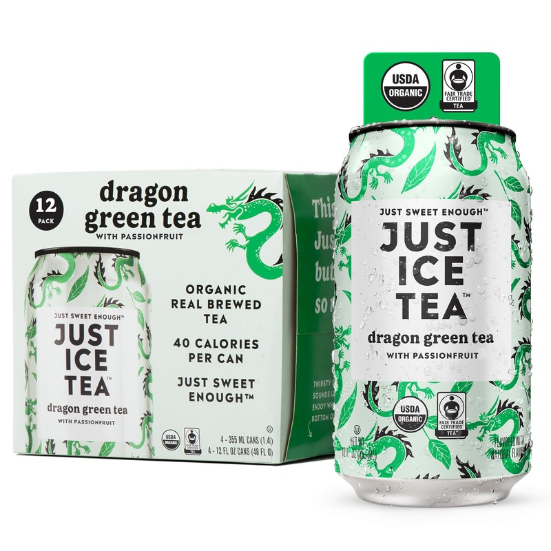 Just Ice Tea, Dragon Green Iced Tea, 12-Pack (12Oz Cans), Green Tea, Usda Certified Organic, Real Brewed, Low Calorie, No Artifi