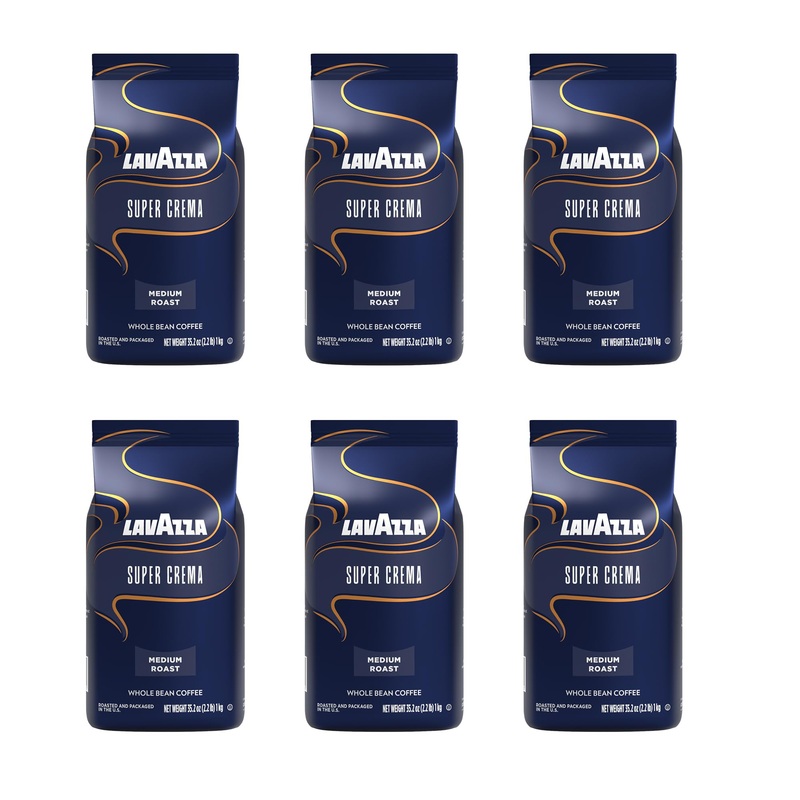 Lavazza Super Crema Whole Bean Coffee, Medium Espresso Roast, Arabica And Robusta Blend, 2.2 Lb Bag (Pack Of 6)