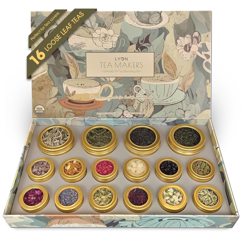 Lyon Diy Tea Blending Set-16 Tin Variety Pack-Premium Herbal Tea & Exotic Floral/Fruit Flavor Infusers – Create 75+ Cups W/Assor