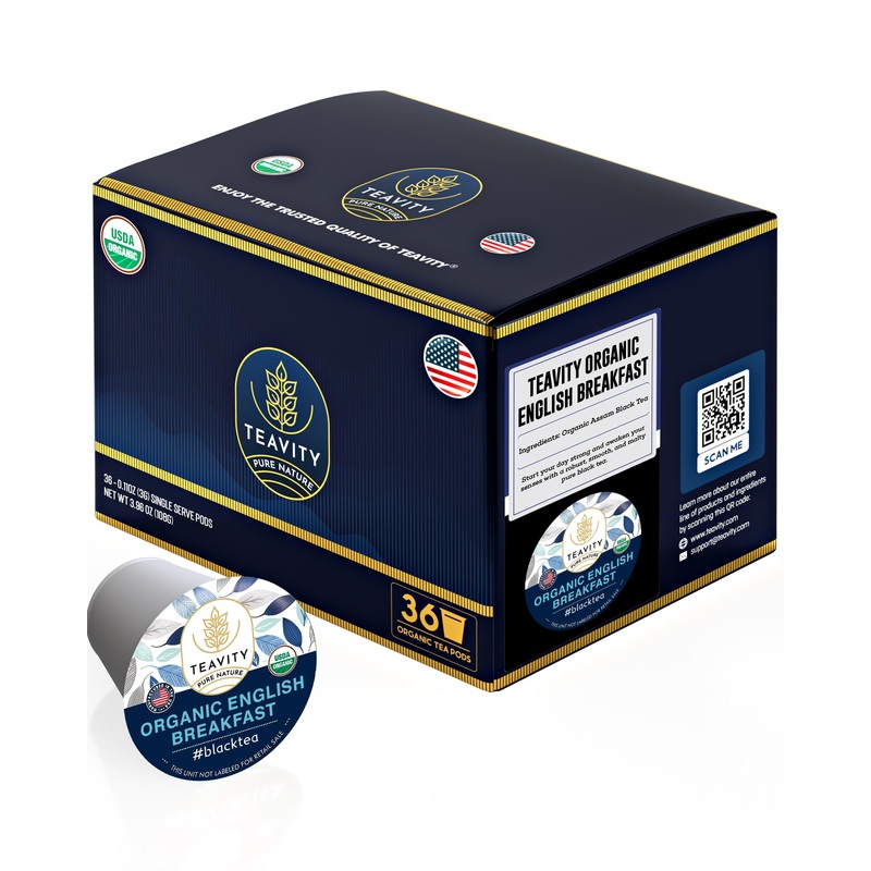 Organic English Breakfast Tea Pods For Keurig – Naturally Caffeinated Unsweetened Black Tea Pods By Teavity (36 Tea Pods)
