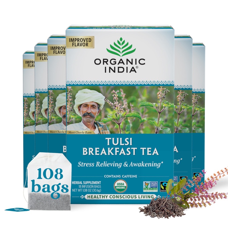 Organic India Tulsi Breakfast Herbal Tea – Black Tea, Holy Basil, Relieve Stress & Energize, Immune Support, Adaptogen – Vegan,