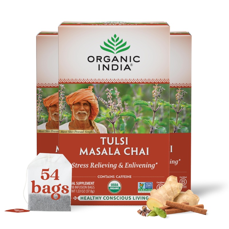 Organic India Tulsi Masala Chai Tea Bags – Holy Basil, Black Tea, Spices With Ginger, Stress Relieving, Immune Support, Usda Cer