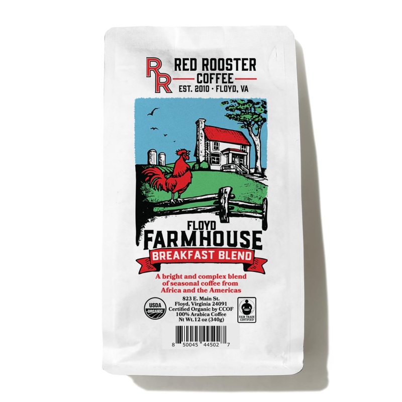 Red Rooster Coffee Roaster, Organic Floyd Farmhouse Breakfast Blend, 12Oz / Whole Bean