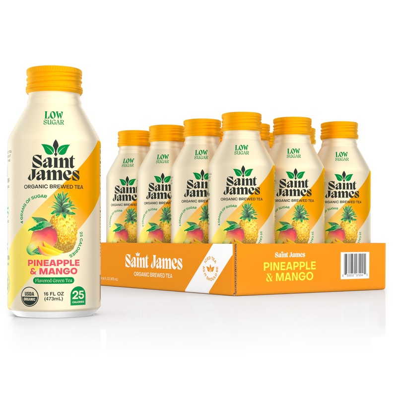 Saint James Iced Tea – Organic Green Tea – Non Gmo, Gluten Free, Low Calorie & Low Sugar – Pineapple & Mango, 12 Pack (16 Fl Oz