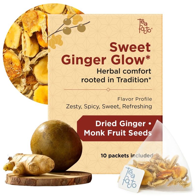 Tea Facto Sweet Ginger Glow* Tea Bags – Herbal Blend With Ginger Root And Monk Fruit Seeds Whole Fruit – 10 Pack