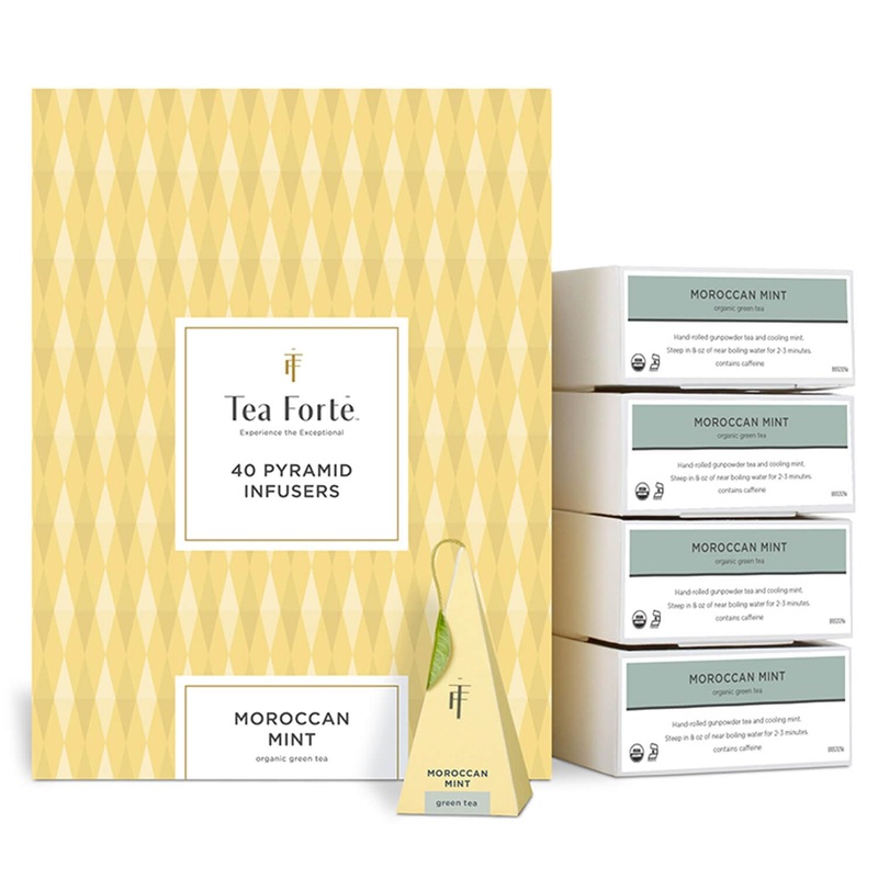 Tea Forte Moroccan Mint Premium Organic Caffeinated Green Tea Blend Event Box, Bulk Pack 40 Count, 10 Per Tray Individually Wrap