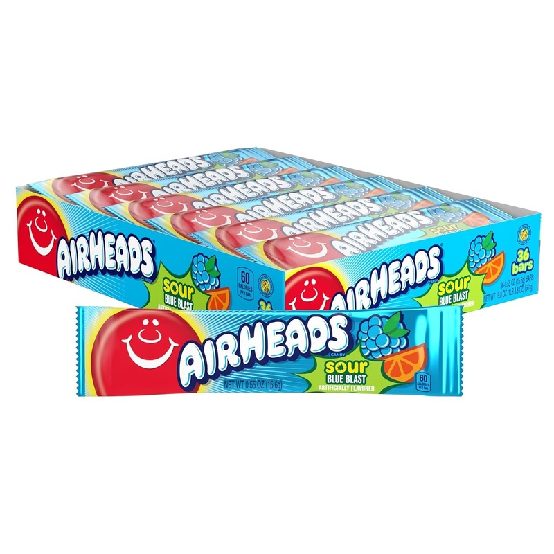 Airheads Sour Candy Bars, Sour Blue Blast Flavored, Bulk, Concessions, Parties, Pack Of 36 Bars