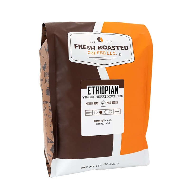 Fresh Roasted Coffee, Ethiopian Yirgacheffe Kochere, 5 Lb (80 Oz), Medium Roast, Kosher, Ground