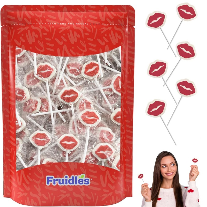 Fruidles Valentine’S Red Lips Tattoo Lollipop Sucker, White Lip Shaped Lollipop With Red Lips, Individually Wrapped Candy (1 Pou