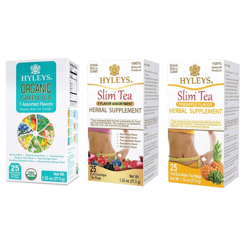 Hyleys Tea Variety Pack Bundle – Organic Green Tea 7 Flavors, Slim Tea 5 Flavor Assortment, And Pineapple Flavor – 75 Total Tea