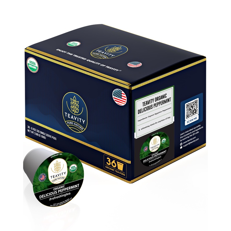 Organic Peppermint Tea Pods For Keurig – Decaf Tea – By Teavity (36 Tea Pods)