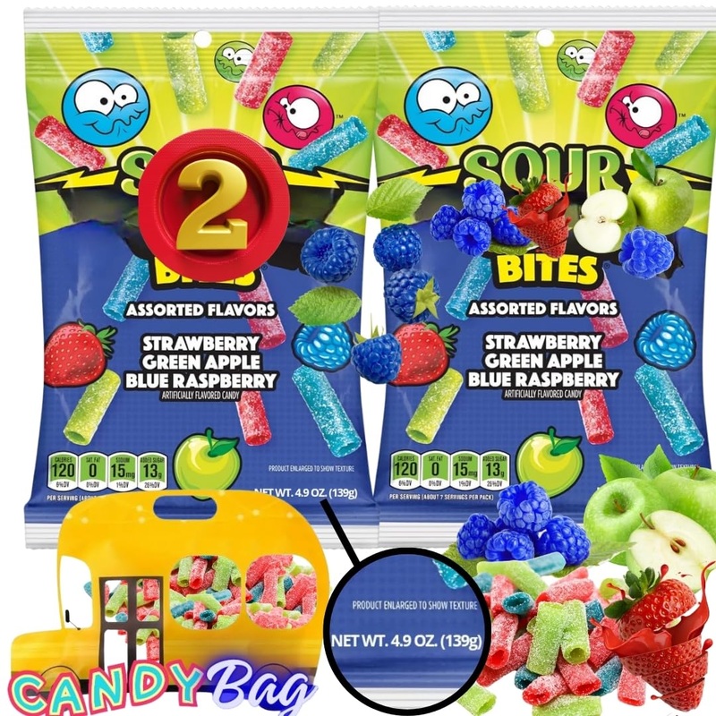 (Pack Of 2) Sour Bites Straws Assorted New Flavors – 4.9Oz Each Bag – Blue Raspberry, Strawberry, Green Apple – Comes With One B