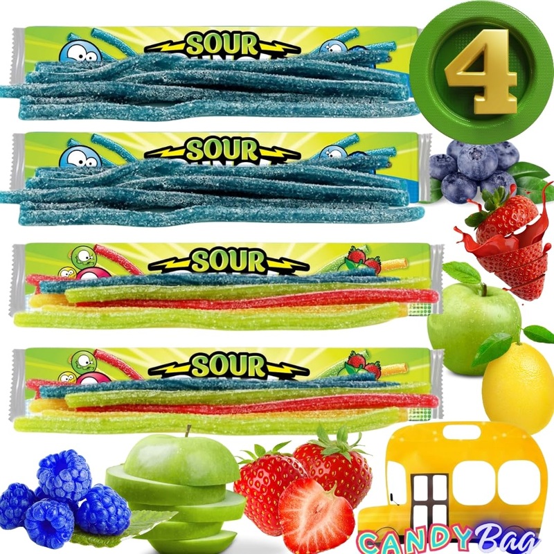 (Pack Of 4) Sour Straws Lovers – 4 Extra Large Unique Trays Of 4 Flavors Variety Candy – Blue Raspberry, Strawberry, Green Apple