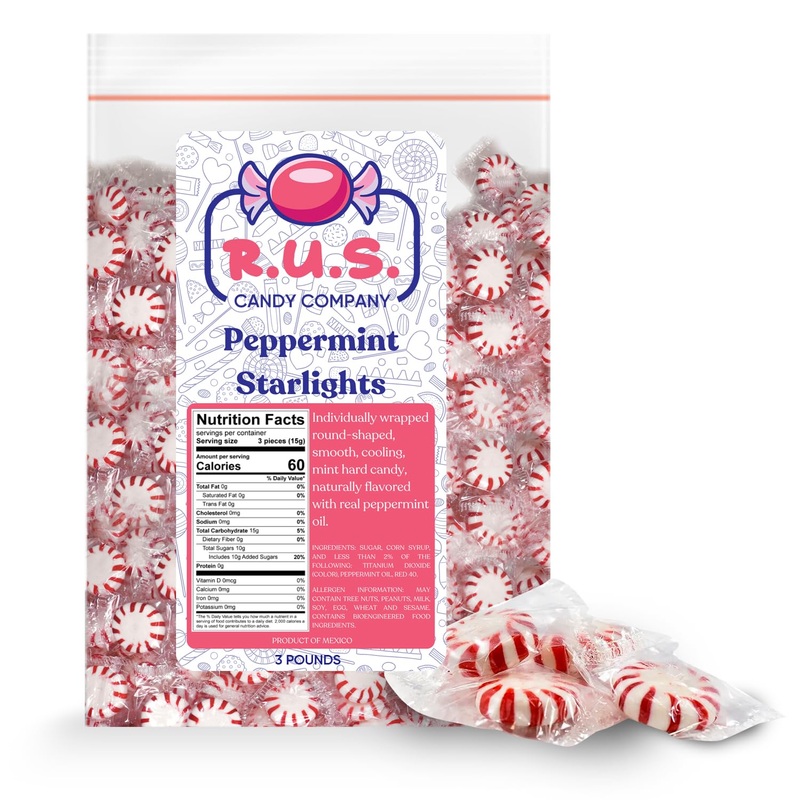 R.U.S. Candy Company Peppermint Starlite Candy – 3 Pound Bag – Refreshing Hard Mint Candy Perfect For Parties And Holiday Celebr