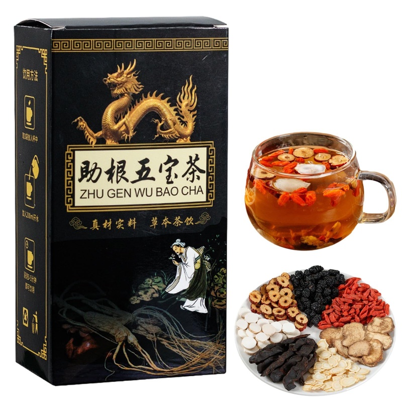 Sirdika Ginseng Five Treasures Kidney Tea, Zhu Gen Wu Bao Cha, Wubao – Chinese Herbal Men’S Tea (10 Bags/1 Box)
