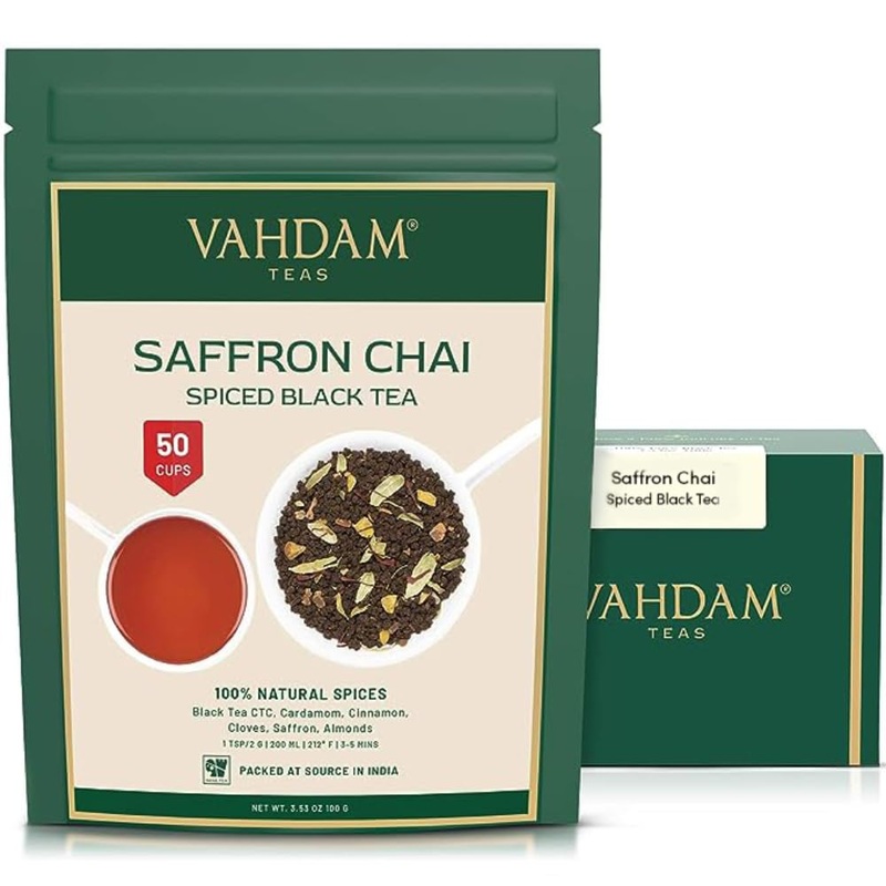 Vahdam Saffron Spiced Chai (Loose Leaf, 50 Cups) | Black Tea With Cardamom, Cinnamon, Clove, Almond & Saffron | Enjoy Hot, Iced,