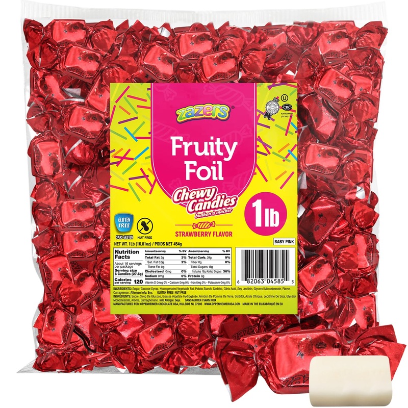 Zazers Red Strawberry Chewy Taffy Candy – 1-Pound Bag Of Zazers Fruity Foil Chewy Candy – Strawberry Flavor, Individually Wrappe