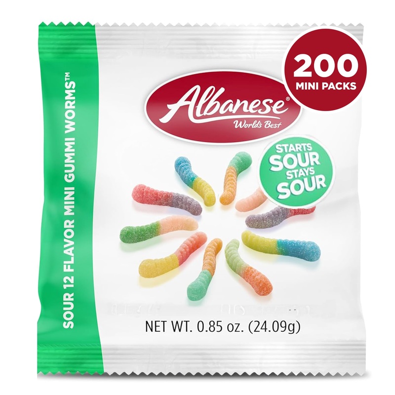 Albanese World’S Best Sour 12 Flavor Mini Gummi Worm Gummies, 0.85Oz Bag Of Candy (Pack Of 200)