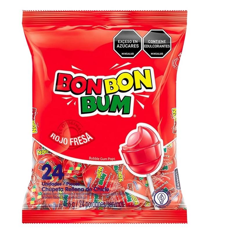 Bon Bon Bum – Fruity Lollipop With Bubble Gum Center – Perfect For Parties And Sharing (24, Fresa (Strawberry))