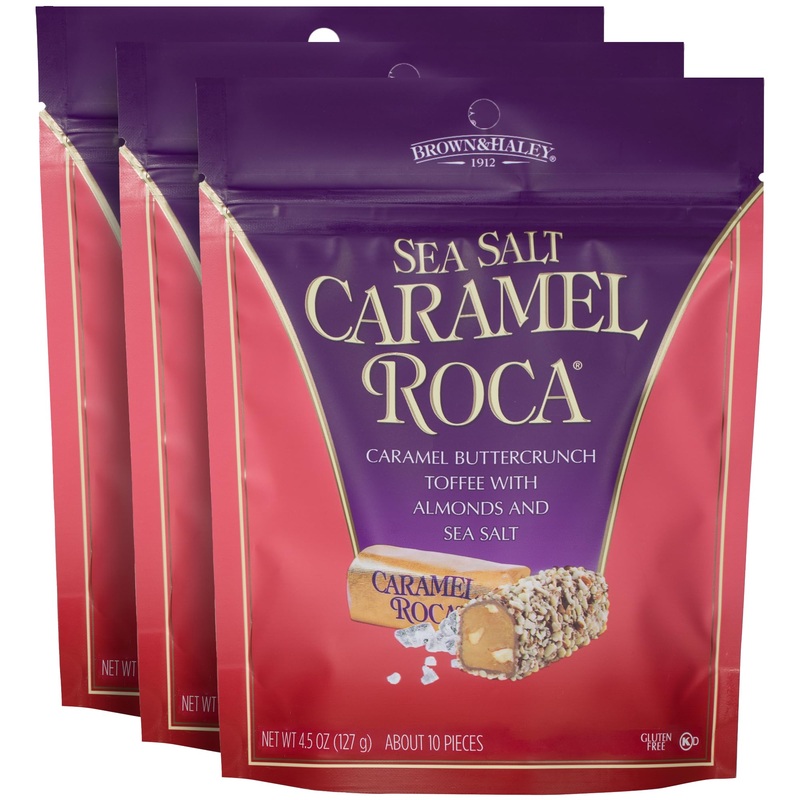 Brown & Haley Sea Salt Caramel Roca Stand-Up Pouch, Individually Wrapped Caramel Buttercrunch Toffee, 4.5 Ounces (Pack Of 3)