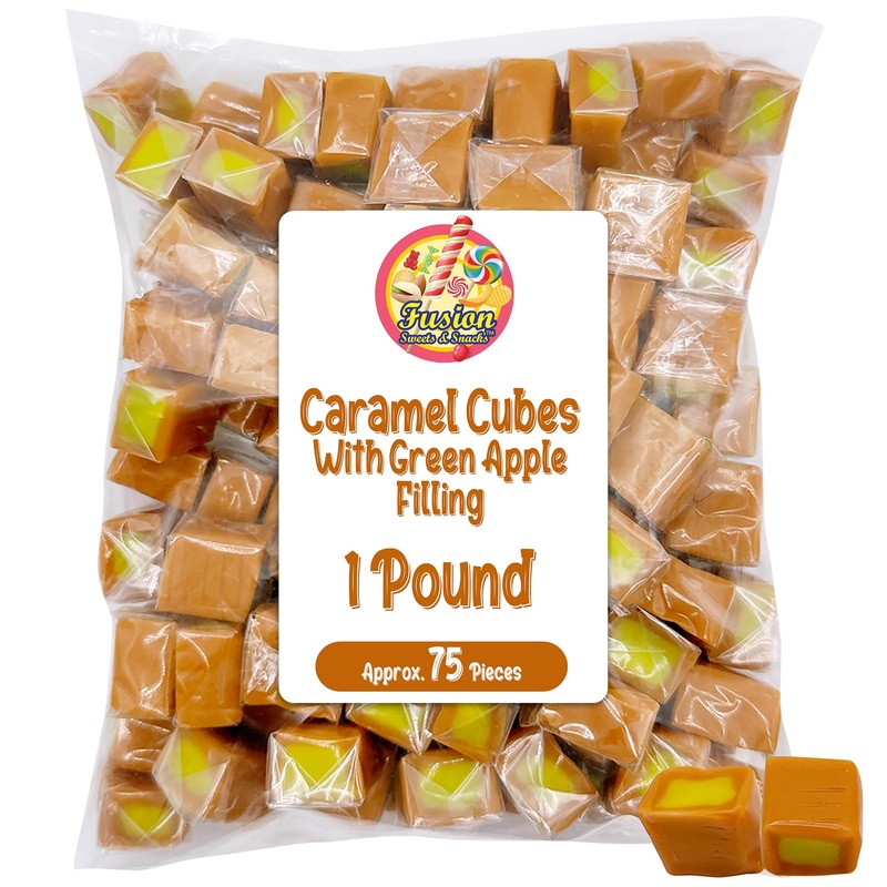 Caramel Cubes Candy Green Apple Filling – 1 Pound Bulk Bag -Individually Wrapped, Caramel Chews Soft Classic Chewy Candy, For Al