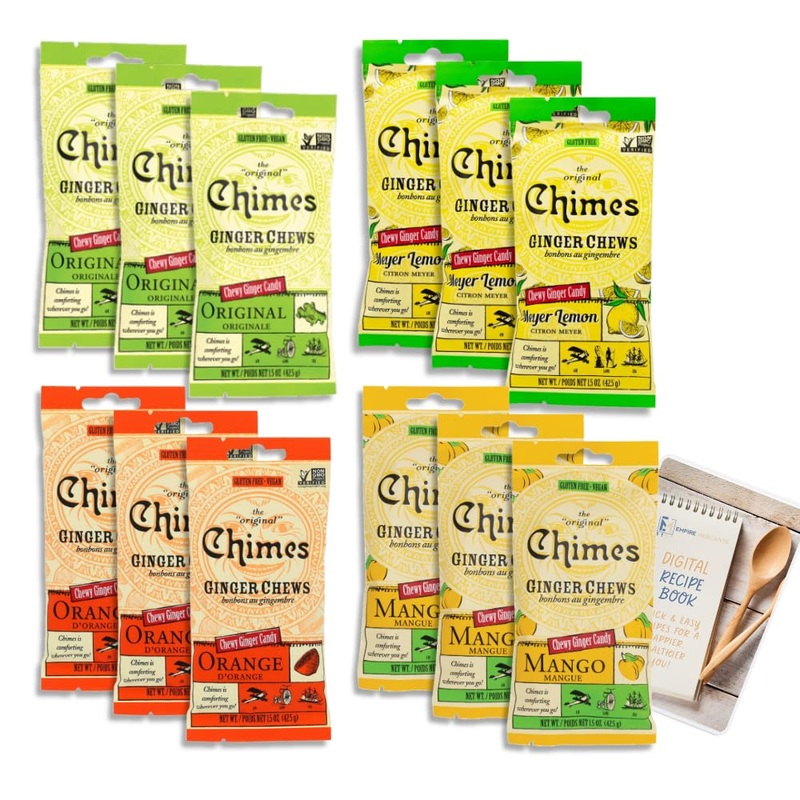 Chimes Ginger Chews Variety Pack Of 12 Bundle – 3 Of Each Flavor (Original, Mango, Lemon, Orange) 18 Oz Total Low Calorie Vegan