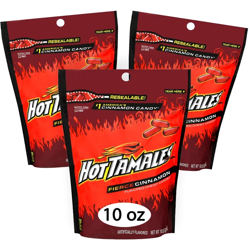 Hot Tamales Cinnamon Chewy Candy Pack Of 3 Bags – 10 Oz Each – Candy Bulk Spicy Hot Tamales Cinnamon Chewy Red Candy