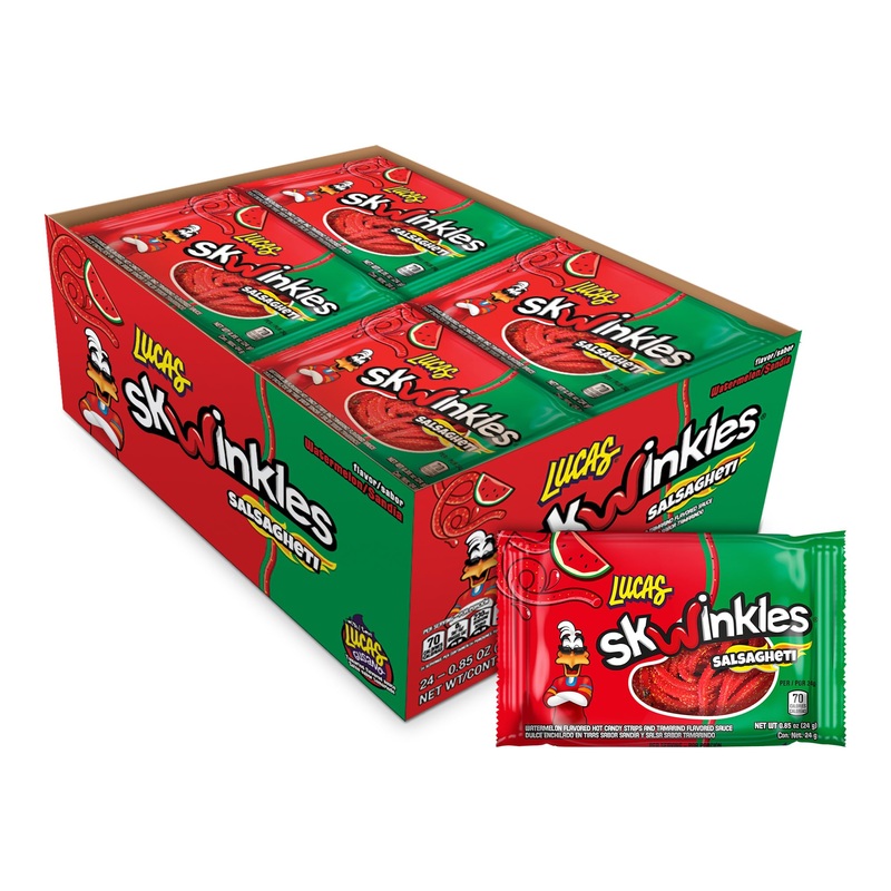 Lucas Salsagheti Watermelon Flavored Hot Candy Strips And Tamarind Sauce, 0.84 Oz – 12 Pieces Pack For Treats, Snack, Parties, P