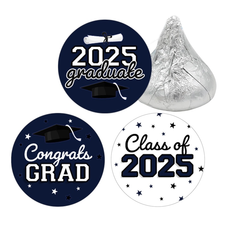 Navy Blue Graduation Party Stickers For Kisses Candy, Chocolate Drops, 2025 Grad Party Favors – 180 Count