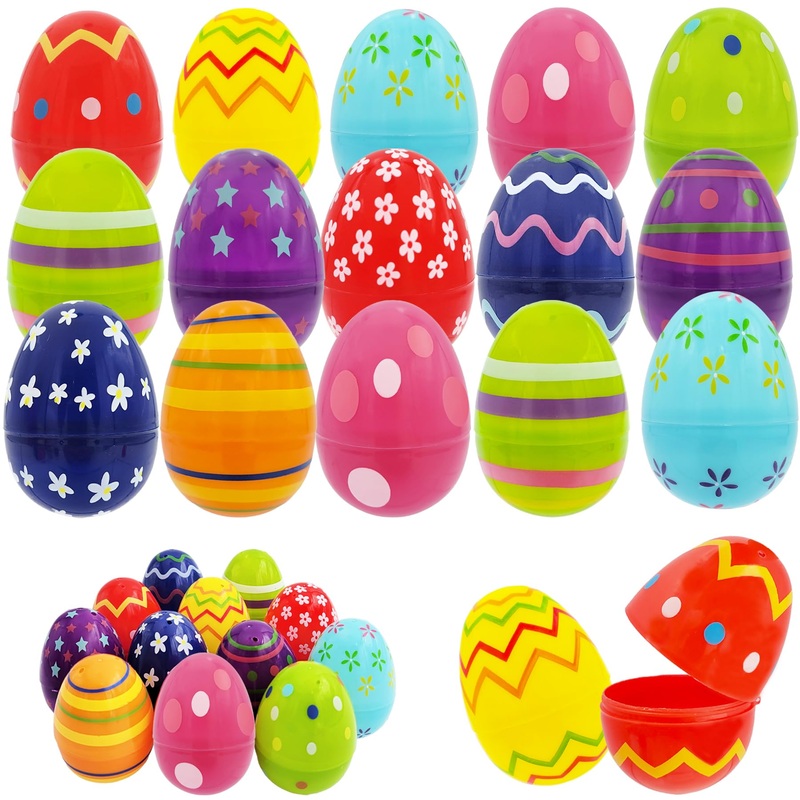 Printed Easter Eggs (25 Pack) Fillable With Hinge Bulk Colorful Painted Plastic Easter Eggs, Perfect For Easter Egg Hunt, Surpri