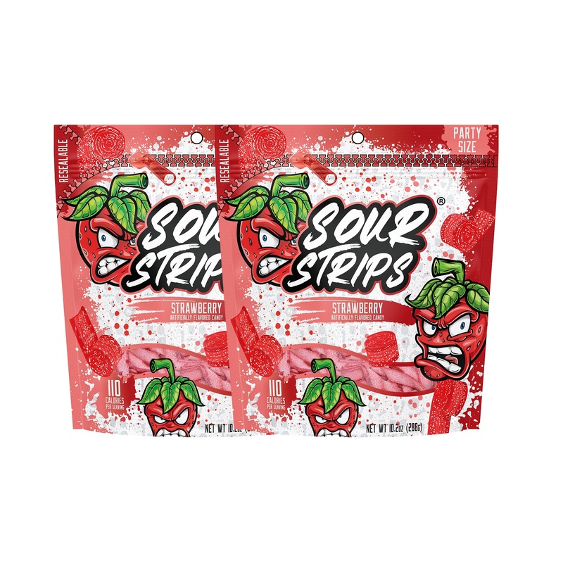 Sour Strips Flavored Sour Candy Strips, Deliciously Sour Chewy Candy Belts, Vegetarian Candies, Party Pack 2-Pack (Strawberry Pa