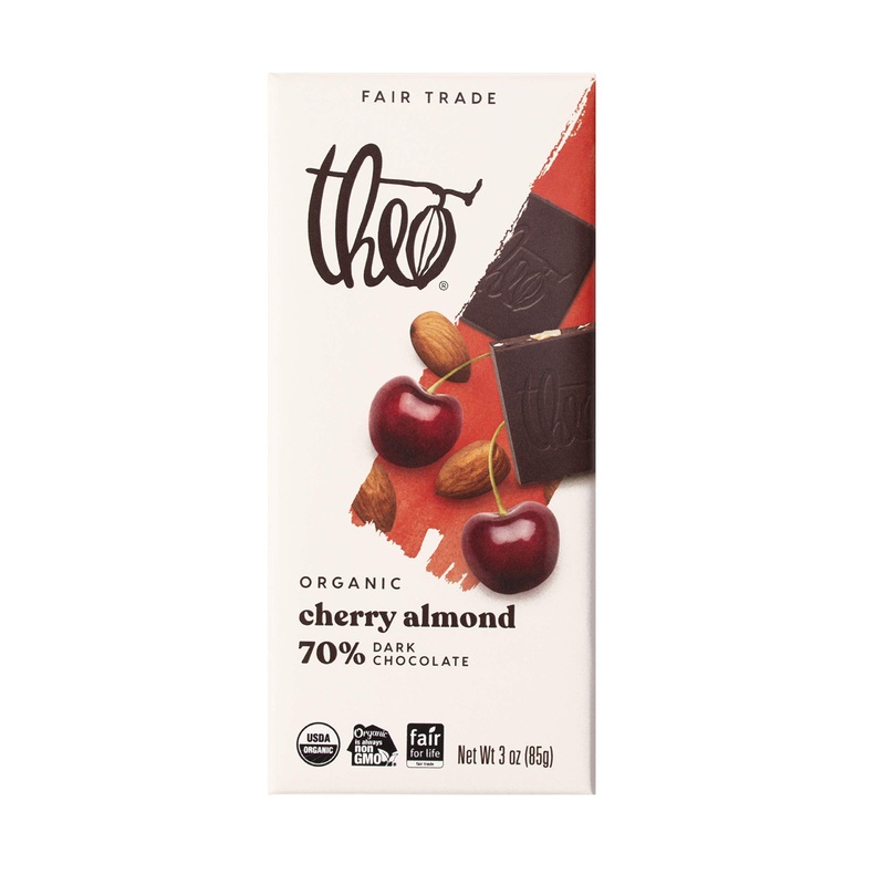 Theo Chocolate Cherry Almond Organic Dark Chocolate Bar, 70% Cacao, 6 Pack | Vegan, Fair Trade