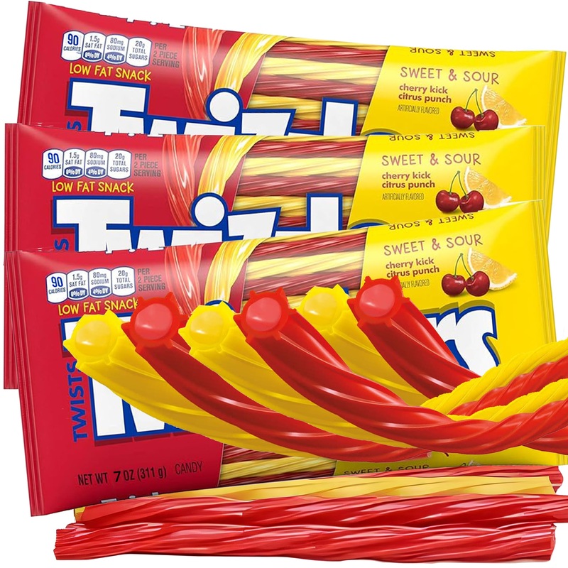 Twizzles Licorice Filled Twists Sweet And Sour Candy, Bulk 3 Pack, Lemon And Cherry Flavored Licorice Candy Sticks, Soft And Che