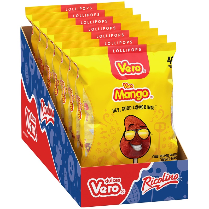 Vero Mango Lollipops Coated With Chili Powder, Hot And Sweet Candy Treat, Artificially Flavored, 7 Bags, 40 Count Each, Net Weig
