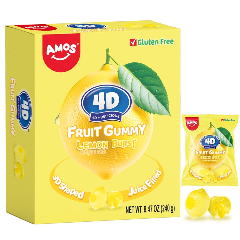 Amos 4D Fruit Gummy Candy – Lemon Burst Flavor, 8.47Oz Bag – 3D Shaped, Juice-Filled Gummies – Fun & Delicious Snack, Gluten-Fre