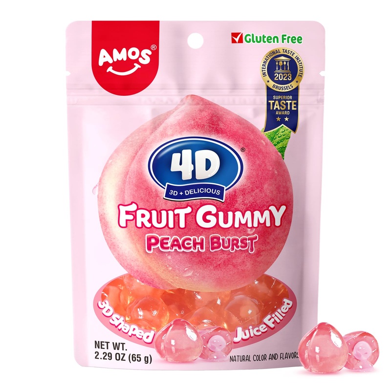 Amos 4D Gummy Candy Peach Burst – Fruity, Jelly-Filled, Natural Flavor – Resealable 2.29Oz Bag Valentine’S Candy Gift (Pack Of 8