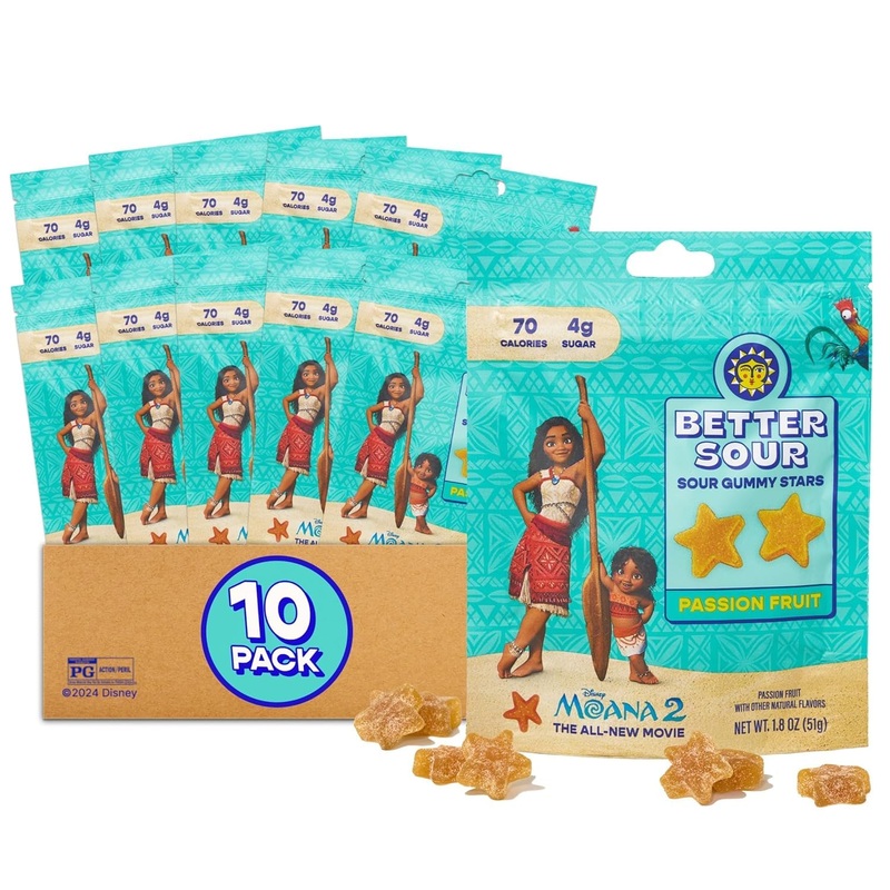 Better Sour Disneys Moana 2 Passion Fruit Gummy Stars Candy Naturally Flavored Plant-Based Low 4G/70 Cal Per 1.8Oz Sugar Healthy